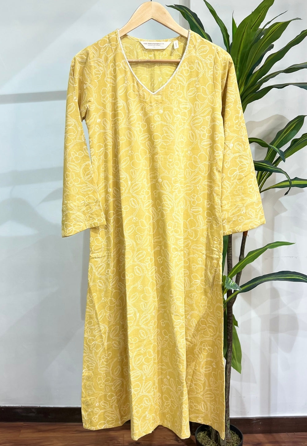 Aarti Mustard Hand Block Print Slub Cotton A Line Kurta with Hand Embroidery