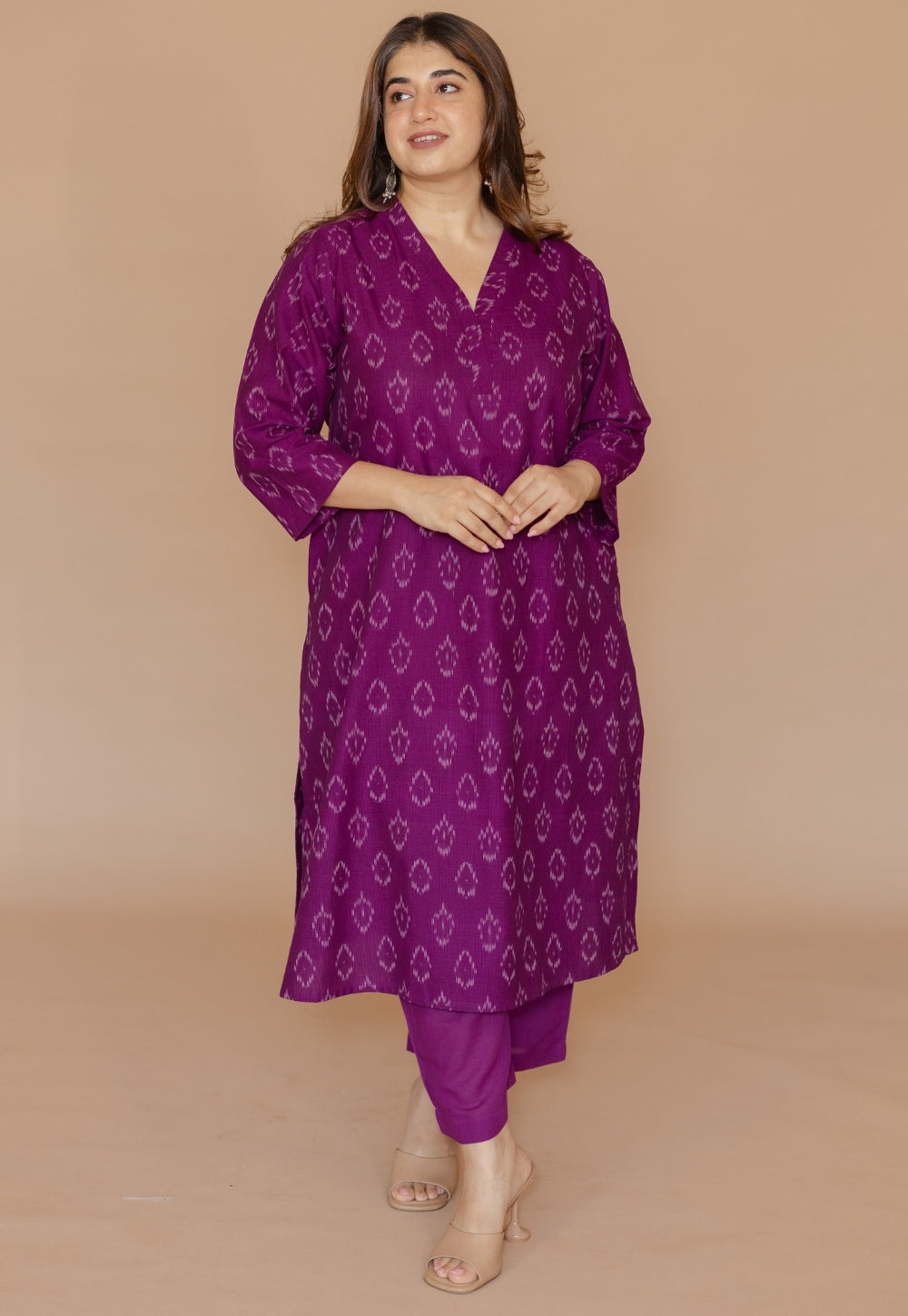 Avika Purple Handloom Ikkat Cotton Straight Kurta