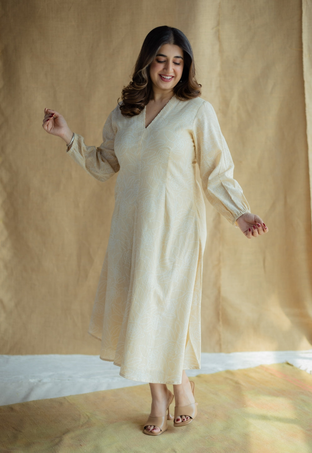 Eyza Cream Hand Block Print Slub Cotton A Line Dress with Hand Embroidery