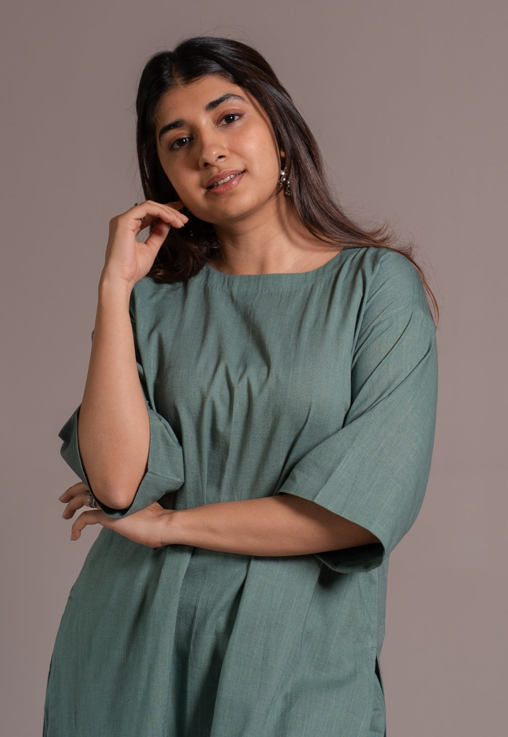 Dusty Teal Solid Slub Cotton Straight Kurta - DyeVerse