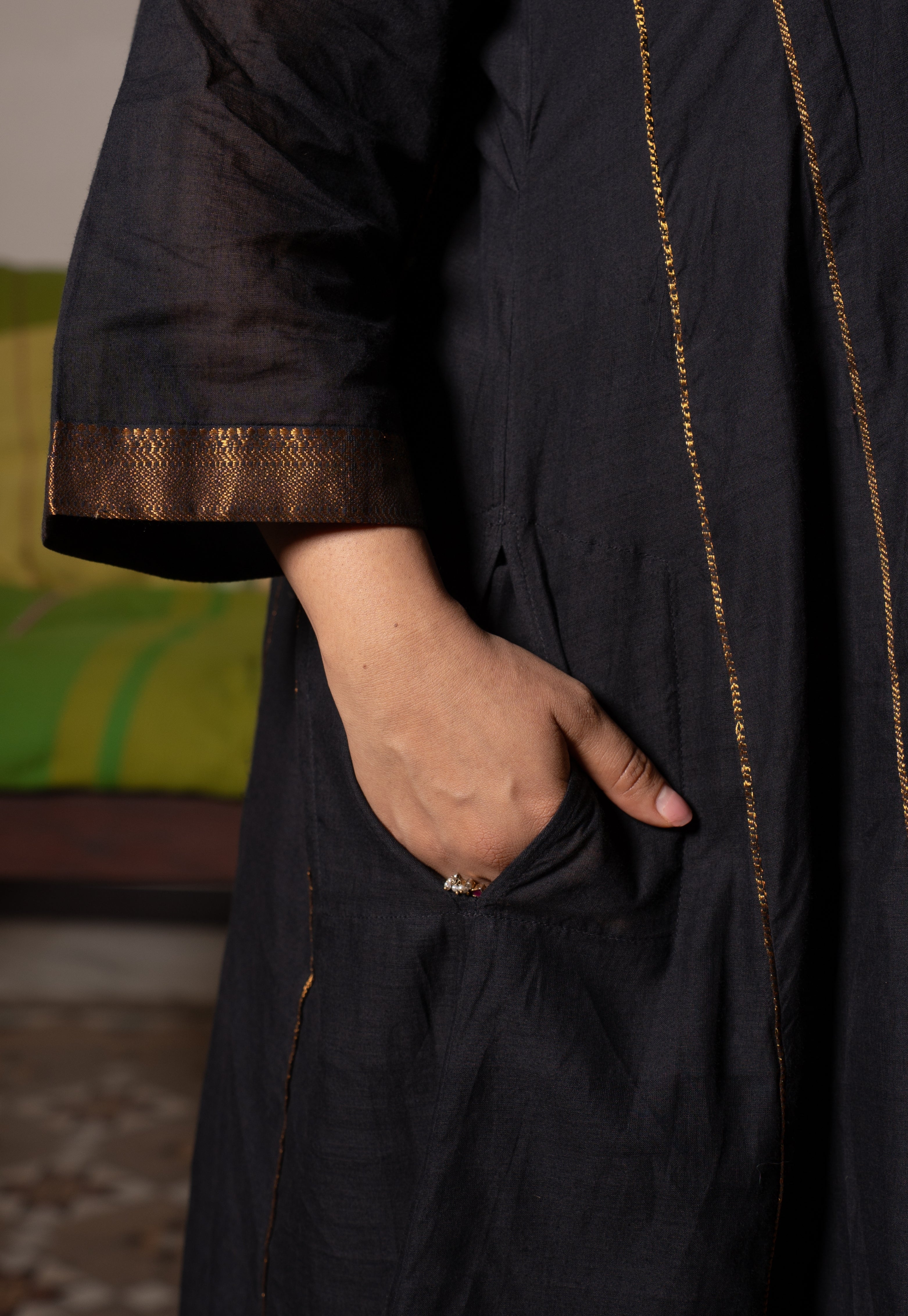 Nyra Black Mangalgiri Cotton Jhabbha Kali Kurta with Nizam Border