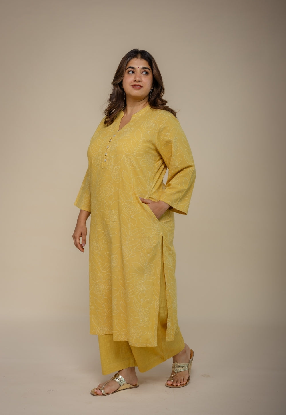 Afira Yellow Hand Block Print Slub Cotton Straight Kurta