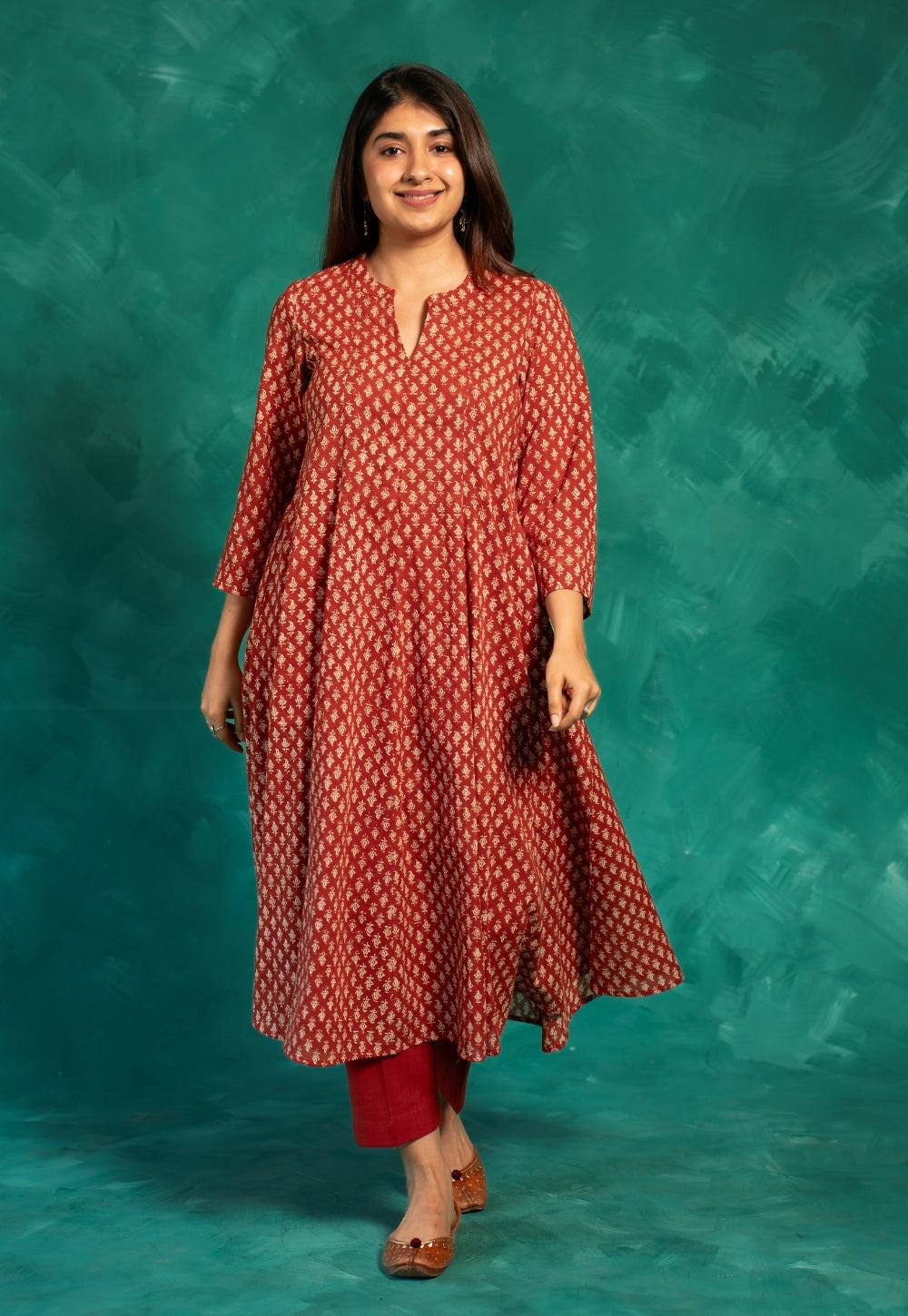 Viha Red Bagru Cotton Kali Kurta