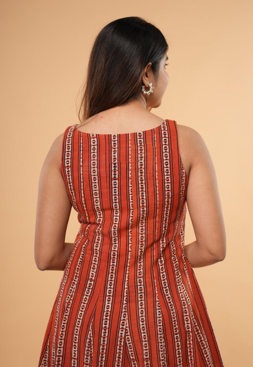 Arya Orange Dabu Slub Cotton A Line Dress