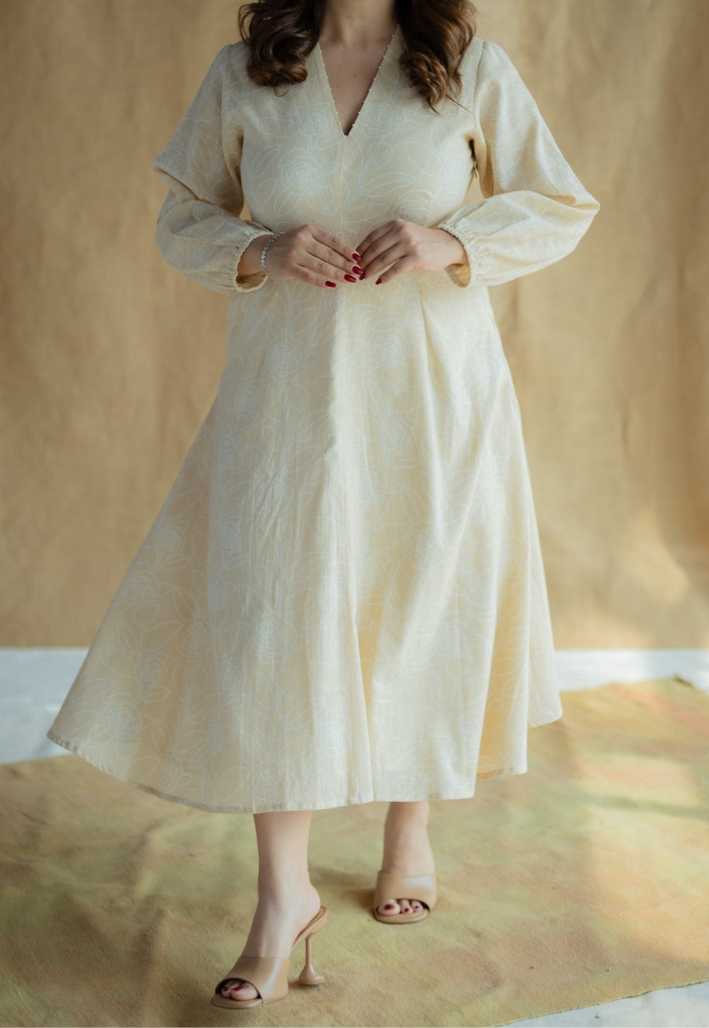 Eyza Cream Hand Block Print Slub Cotton A Line Dress with Hand Embroidery