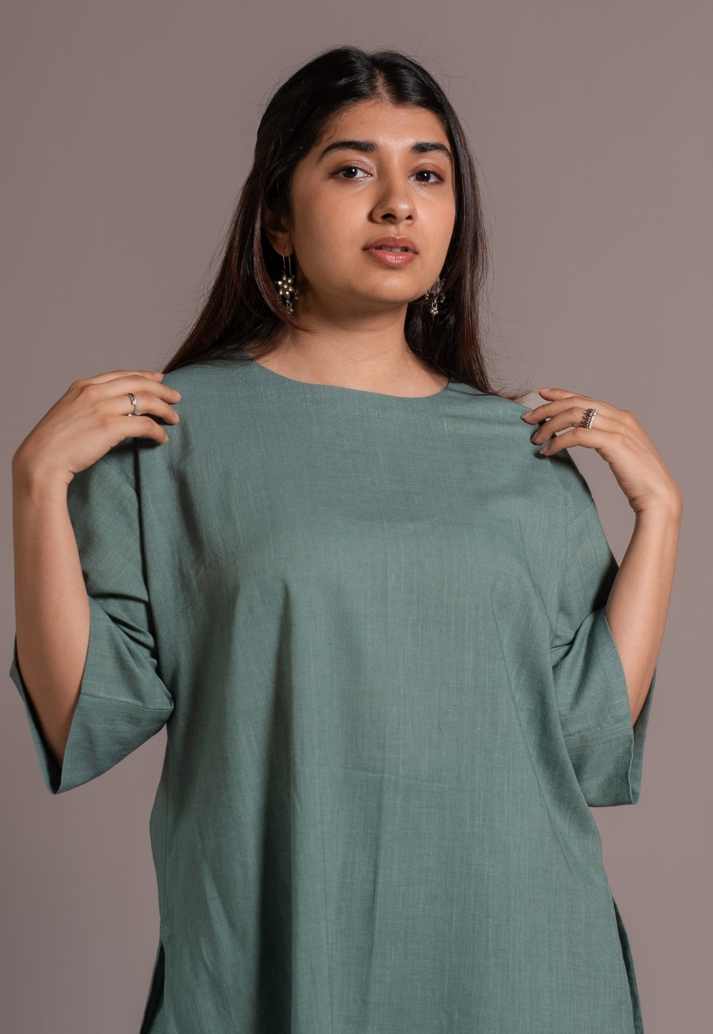 Dusty Teal Solid Slub Cotton Straight Kurta - DyeVerse