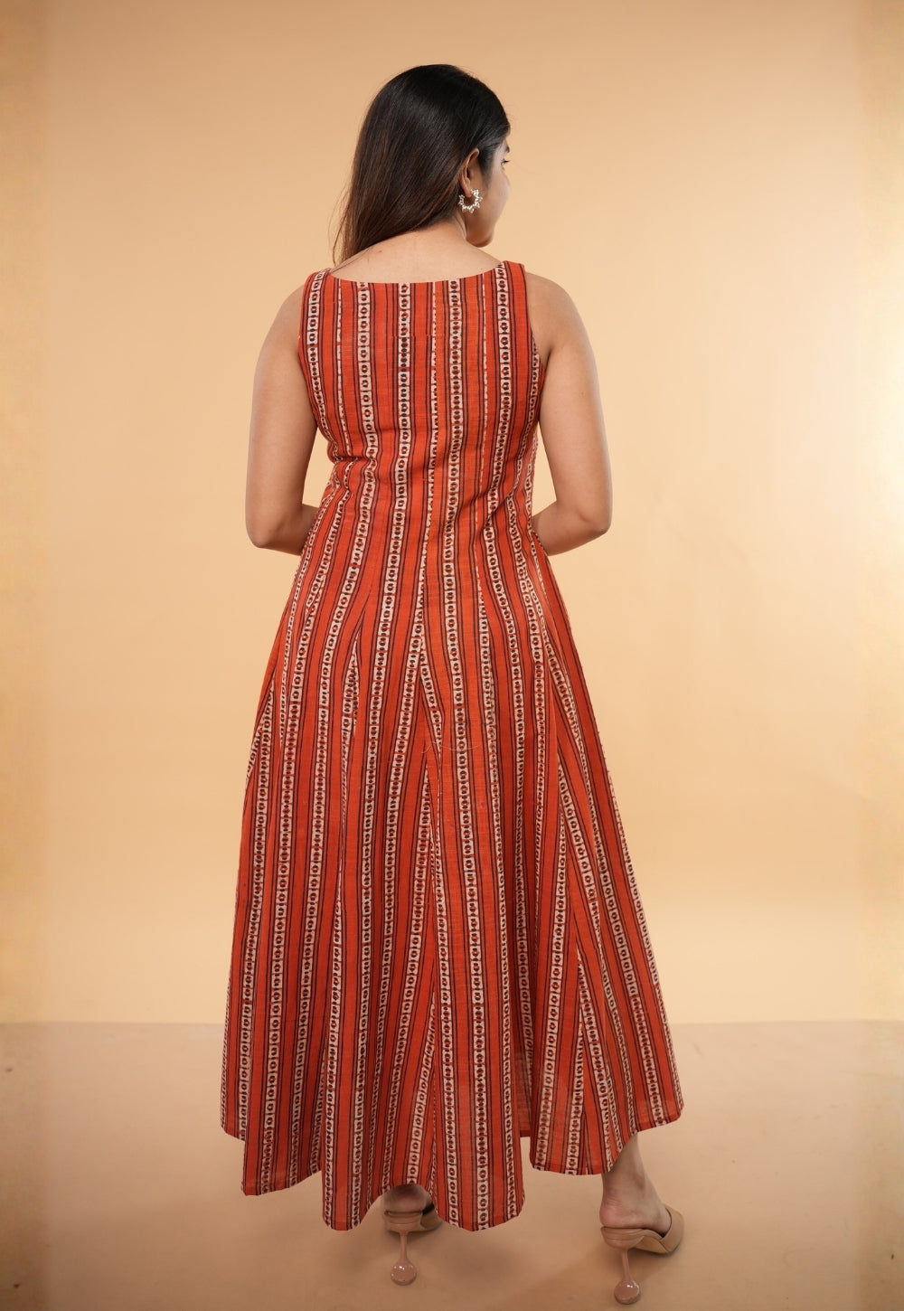 Arya Orange Dabu Slub Cotton A Line Dress