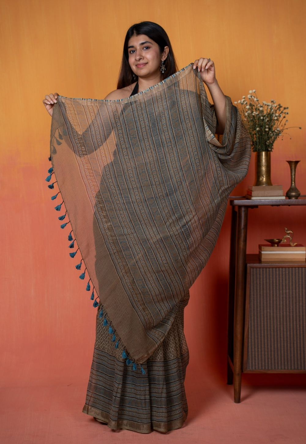 Grey Floral Border Ajrakh Hand Block Print Kota Doria Cotton Saree