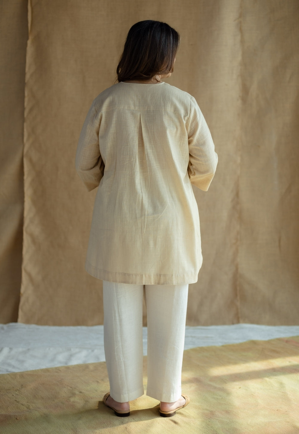 Afifa Cream Solid Slub Cotton A Line Short Top