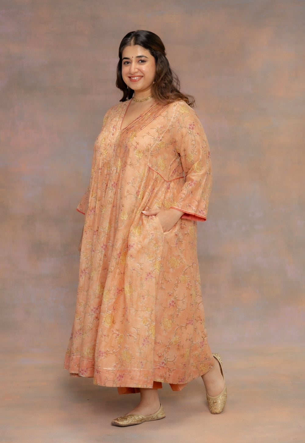 Rosa Orange Sanganeri Chanderi Silk A Line Kurta