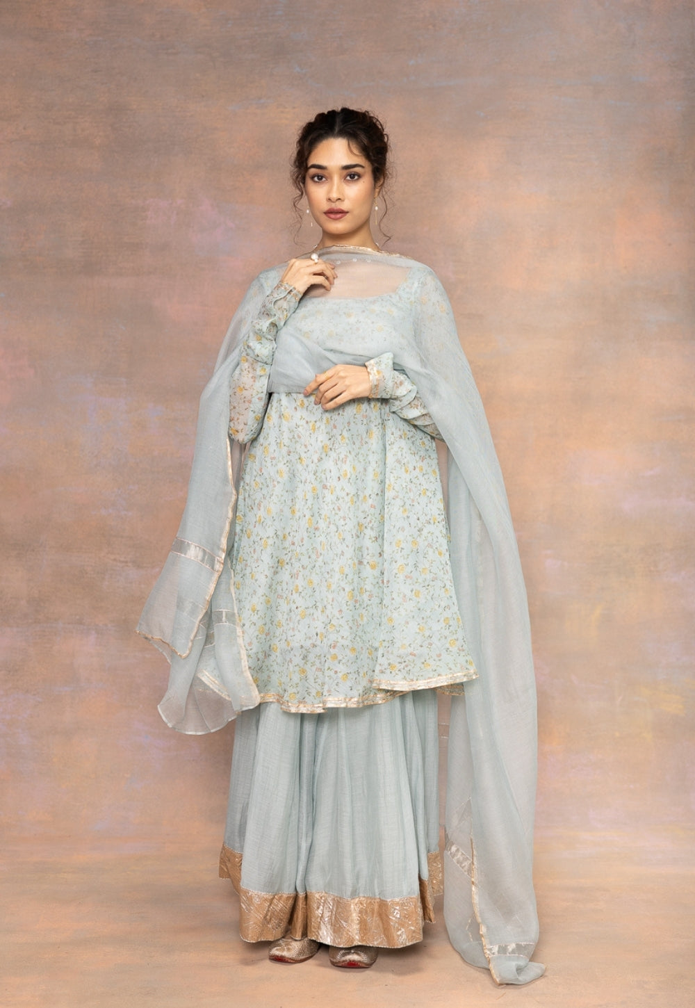 Rosalie Blue Sanganeri Chanderi Silk A Line Kurta with Lace Detailing