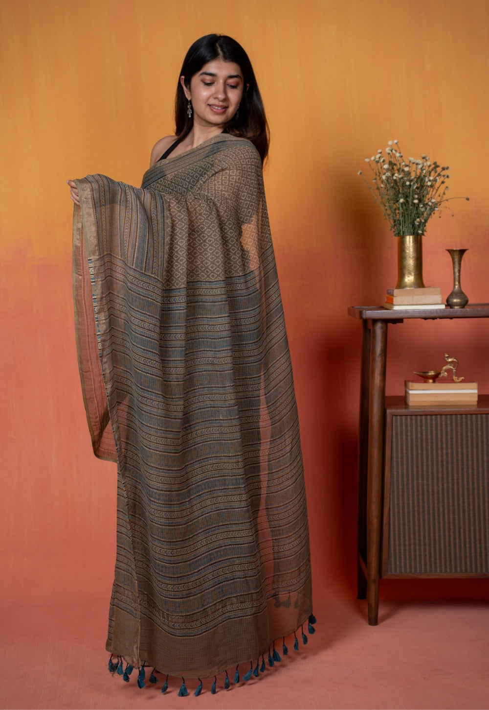Grey Floral Border Ajrakh Hand Block Print Kota Doria Cotton Saree