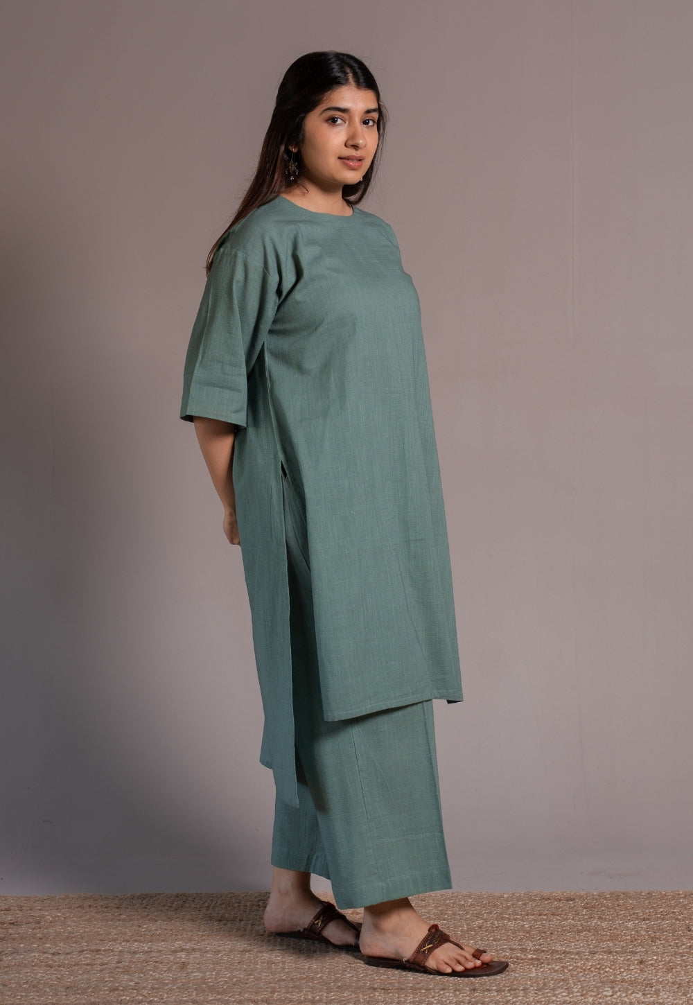 Dusty Teal Solid Slub Cotton Straight Kurta - DyeVerse