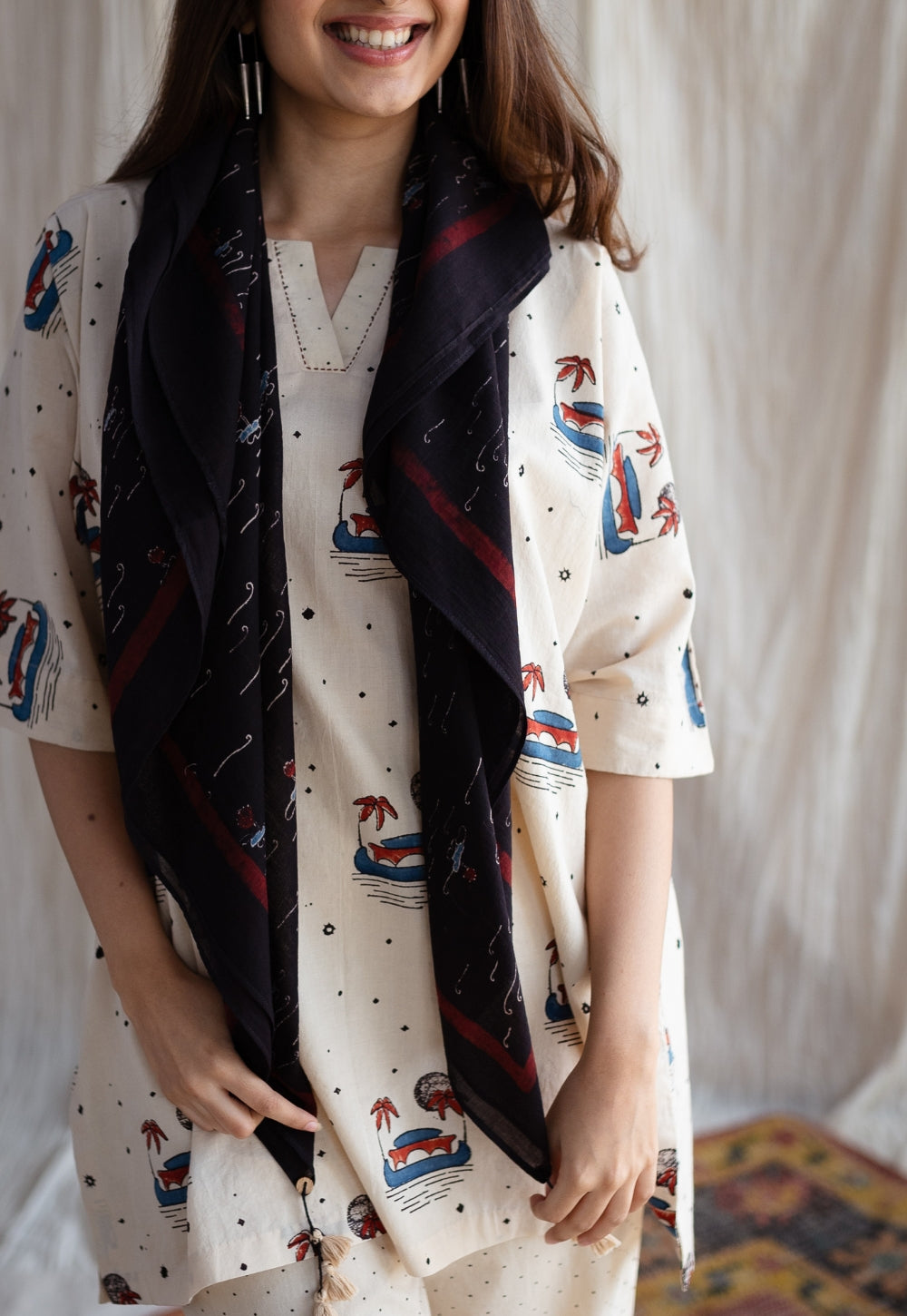 Black Lake Ajrakh Hanblock Printed MulMul Scarf