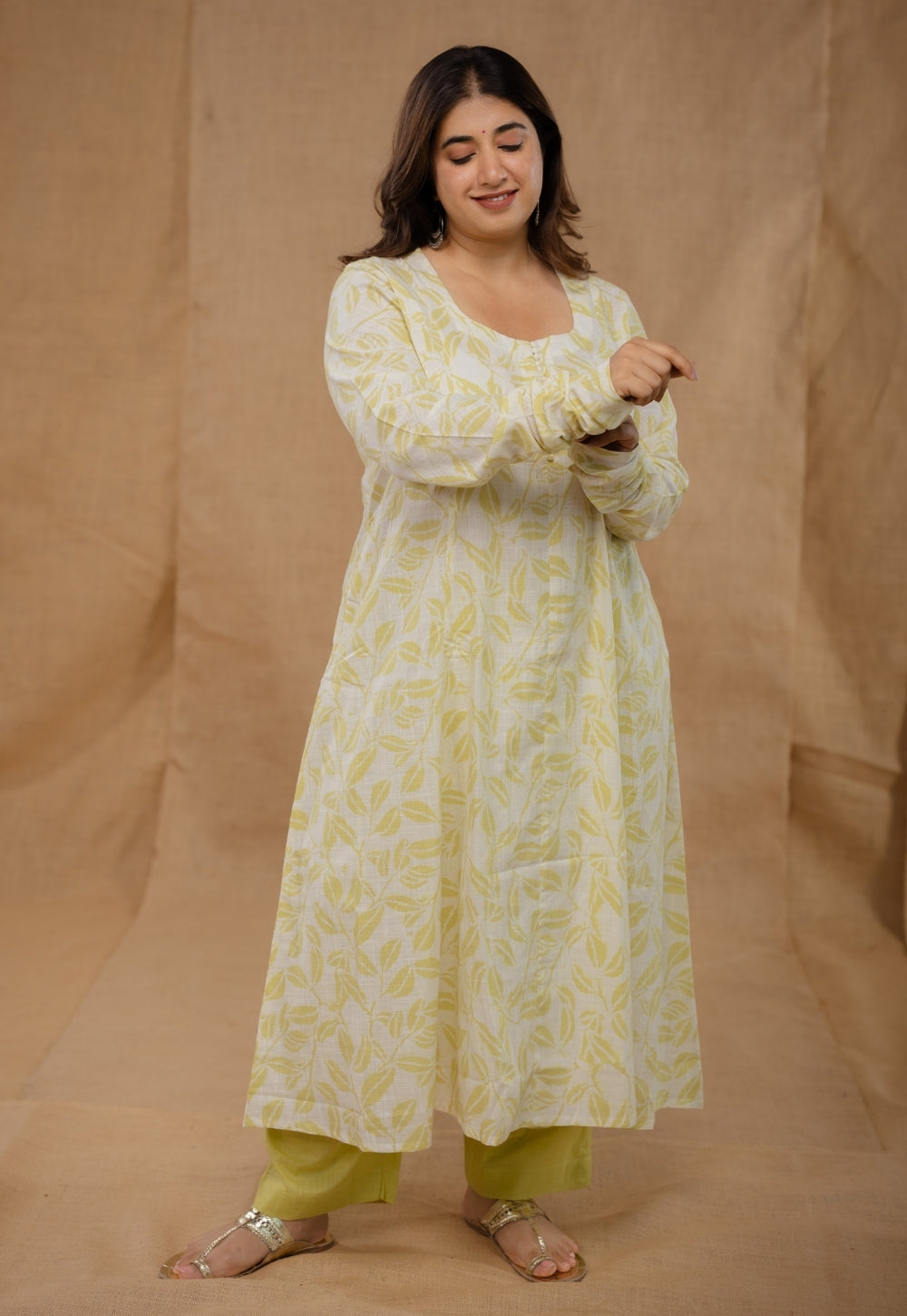 Akrita Green Hand Block Print Slub Cotton Kali Kurta