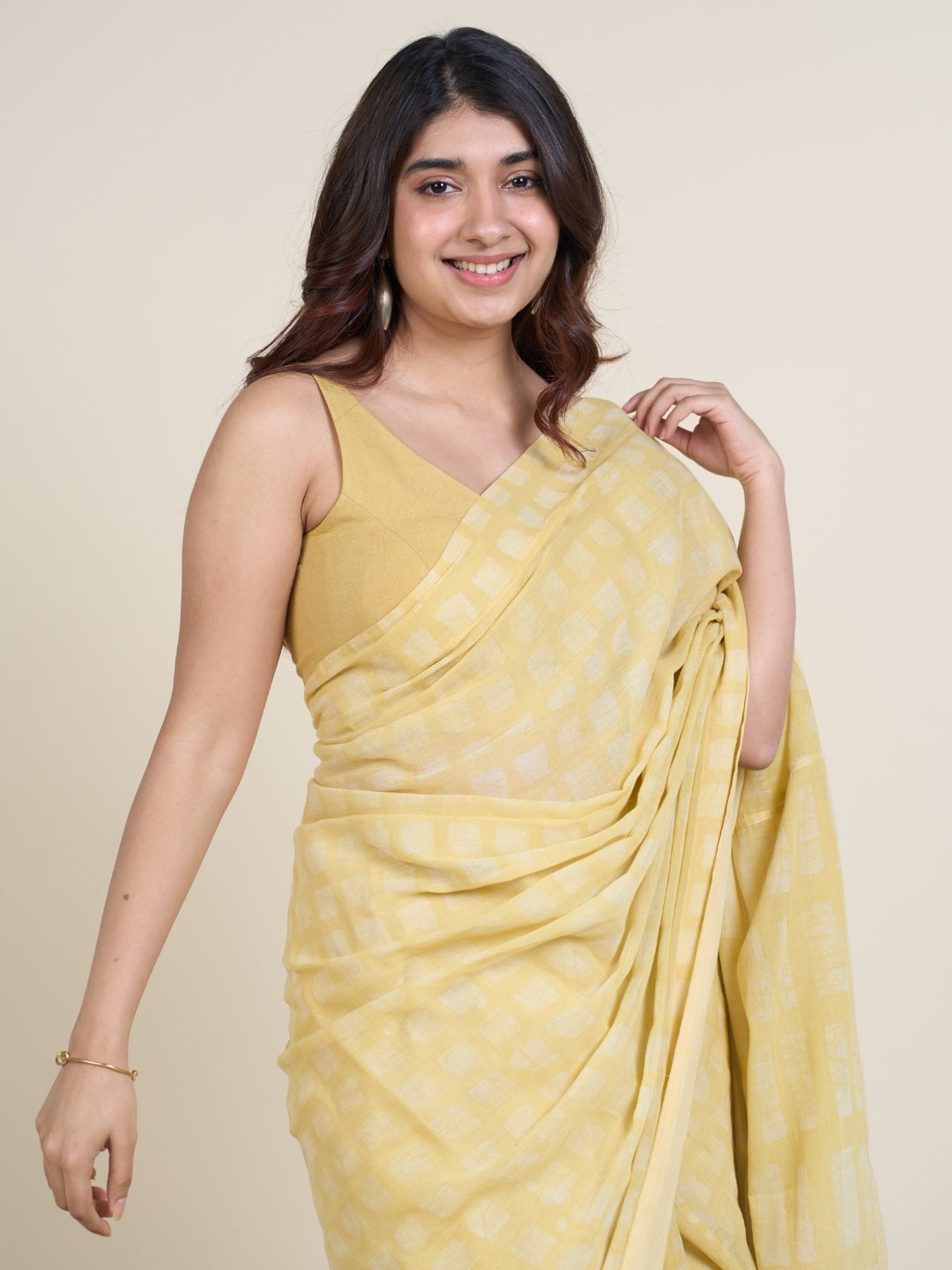 Ramisha Yellow Batik Hand Block Print Mul Cotton Saree with Embroidery