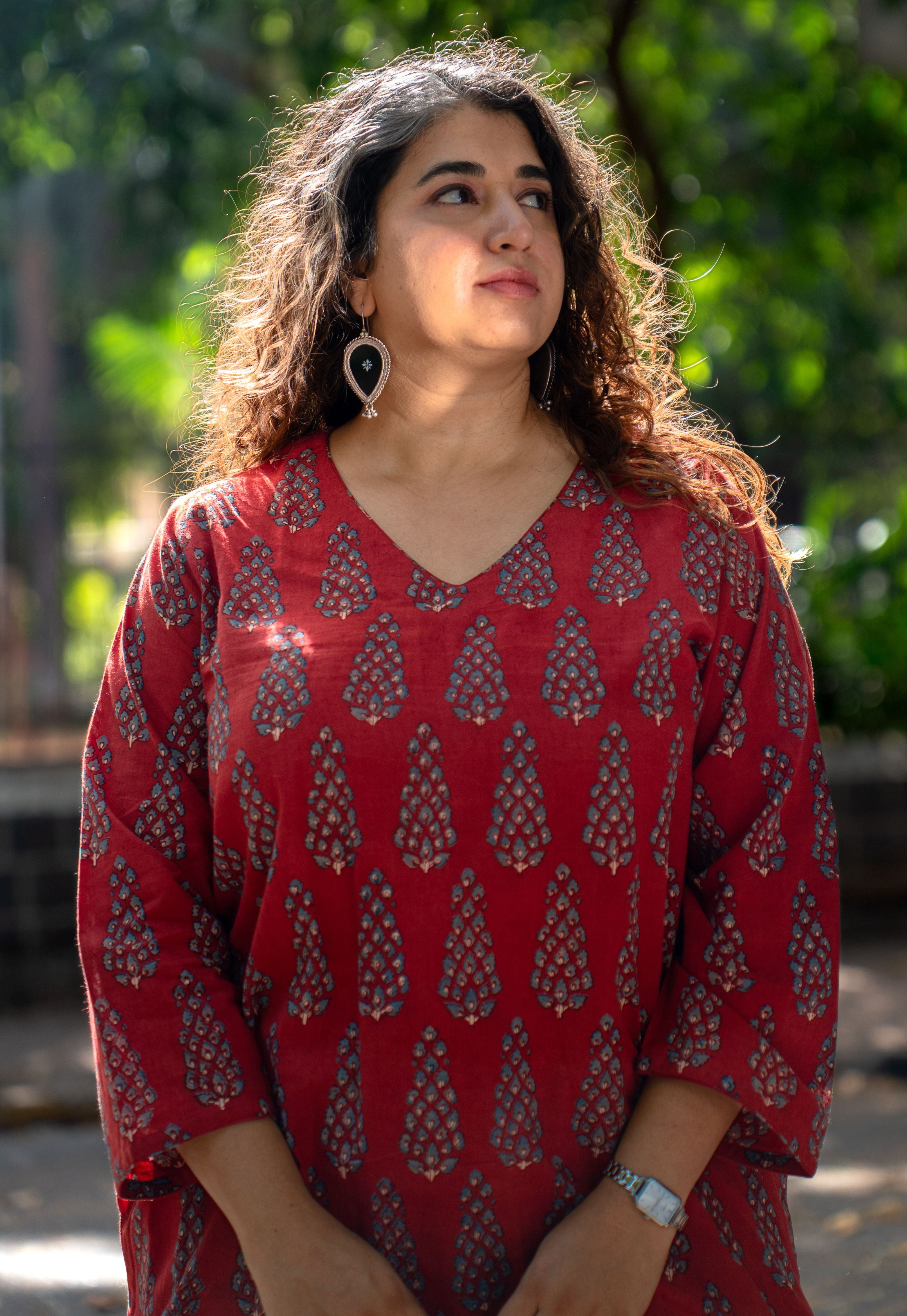 Sahar Red Ajrakh Cotton Straight Short Top