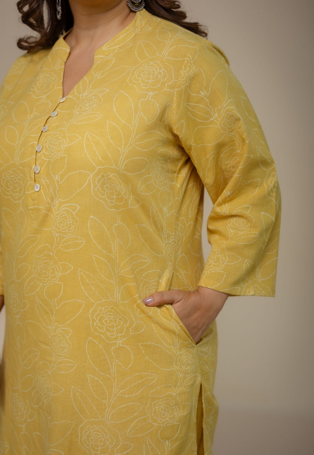 Afira Yellow Hand Block Print Slub Cotton Straight Kurta