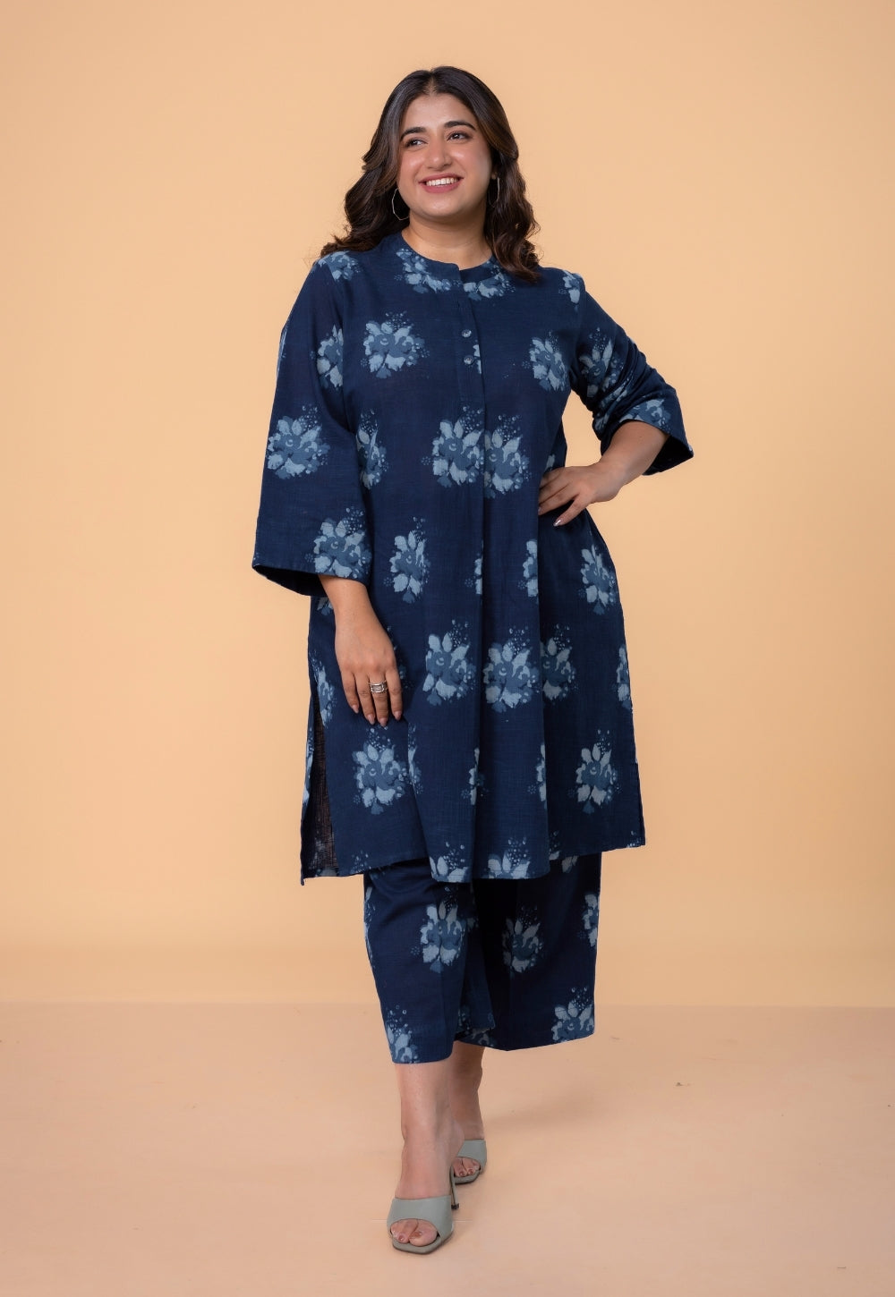 Harshi Blue Dabu Slub Cotton Straight Co-Ord Set