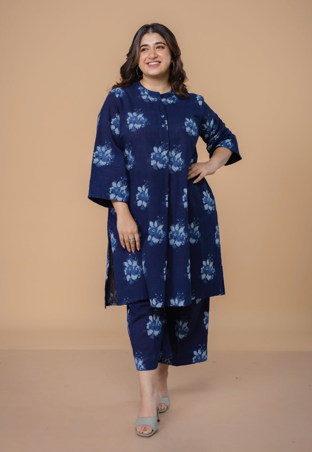 Harshi Blue Dabu Slub Cotton Straight Co-Ord Set