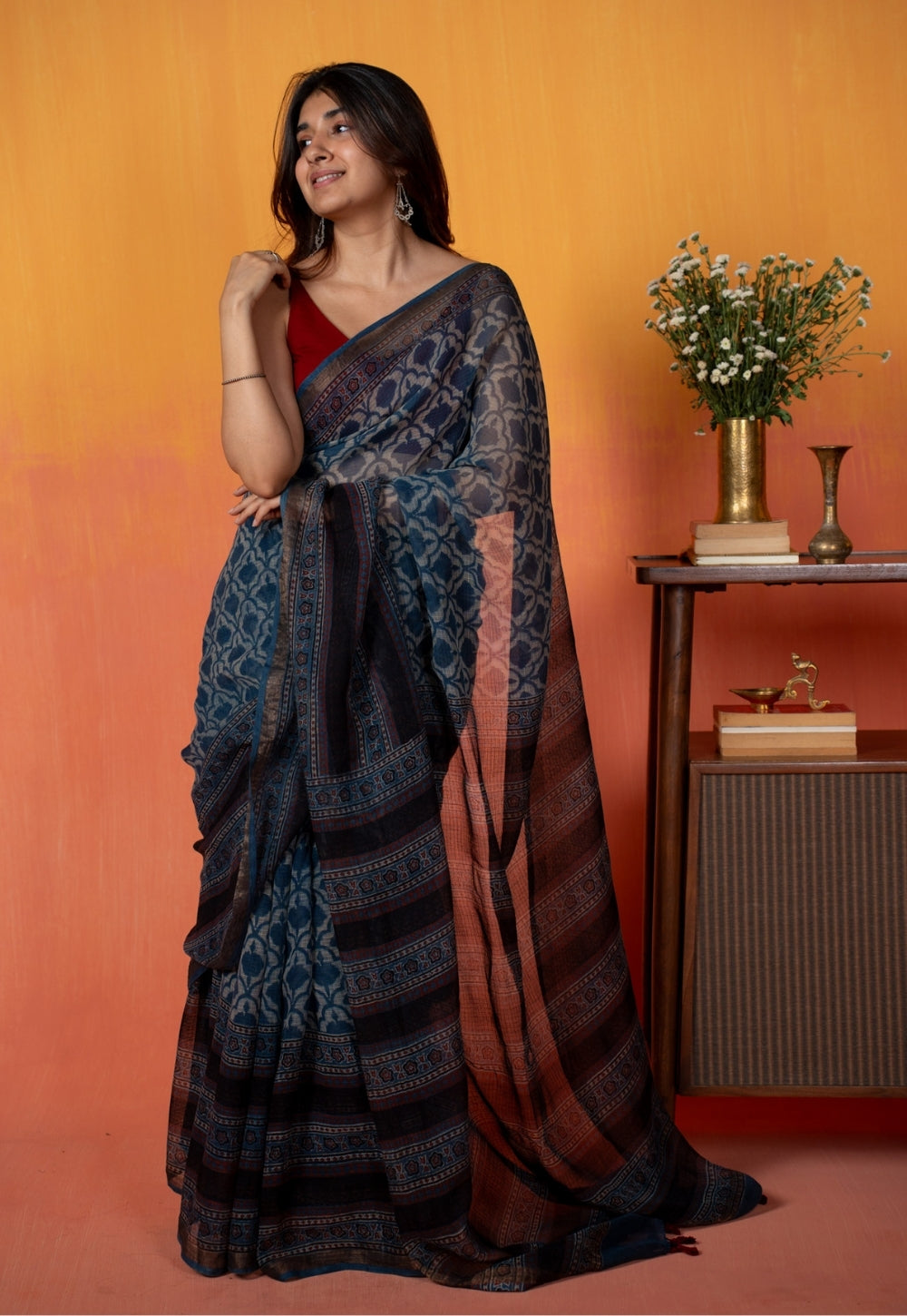 Black Floral Jaal Ajrakh Hand Block Print Kota Doria Cotton Saree