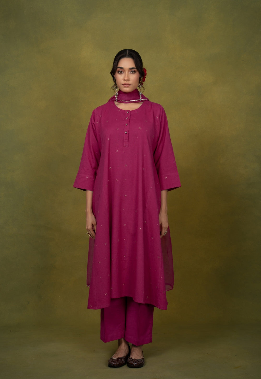 Alizah Pink Rogan Handblock Printed Cotton Jhabbha Kali Suit Set (Set of 3)