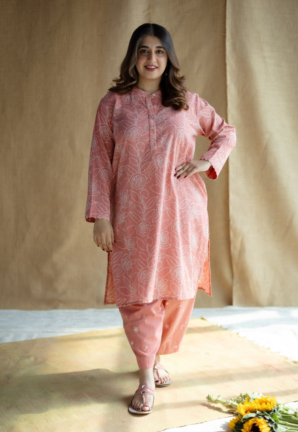 Azha Coral Hand Block Print Slub Cotton Straight Kurta with Hand Embroidery
