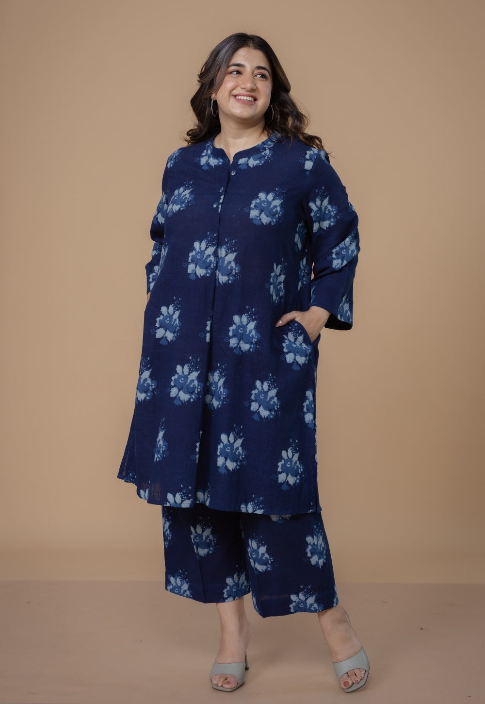 Harshi Blue Dabu Slub Cotton Straight Co-Ord Set