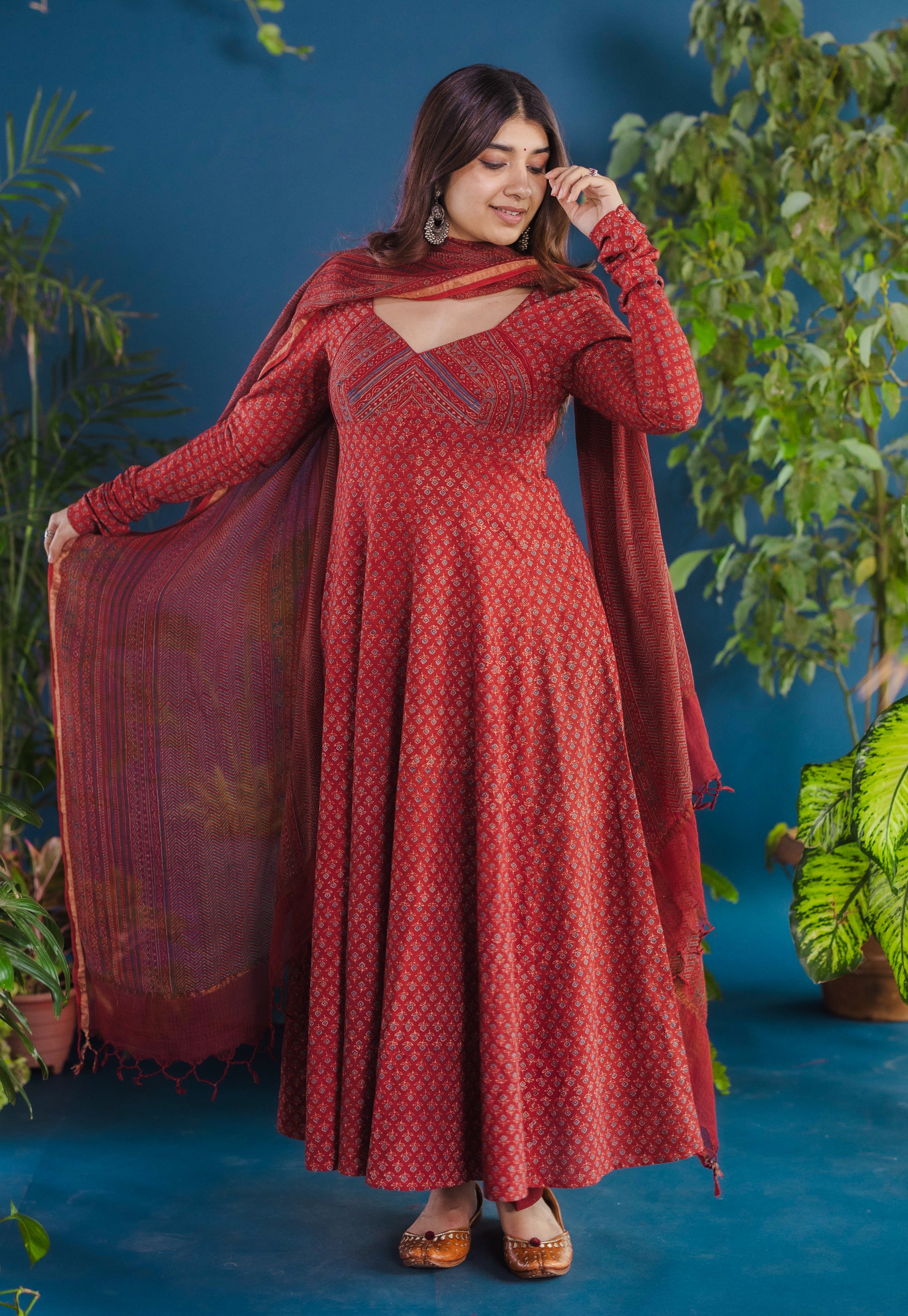 Red Chevron Ajrakh Kota Doria Cotton Dupatta