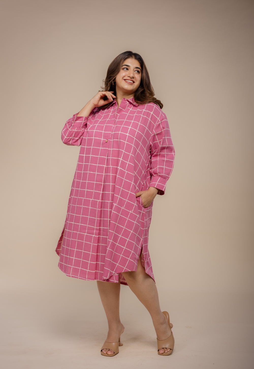 Ridah Pink Hand Block Print Cotton Anti-Fit Dress
