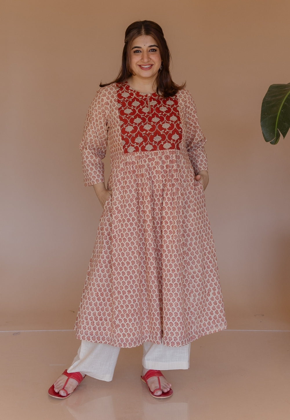 Shikha Red Bagru Cotton A Line Kurta