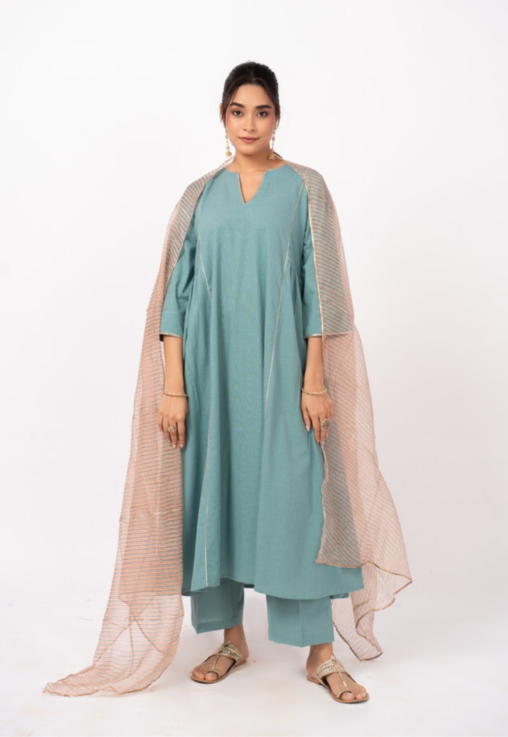 Tamanna Blue Solid Slub Cotton Kali Kurta Suit Set with Printed Dupatta (Set of 3)