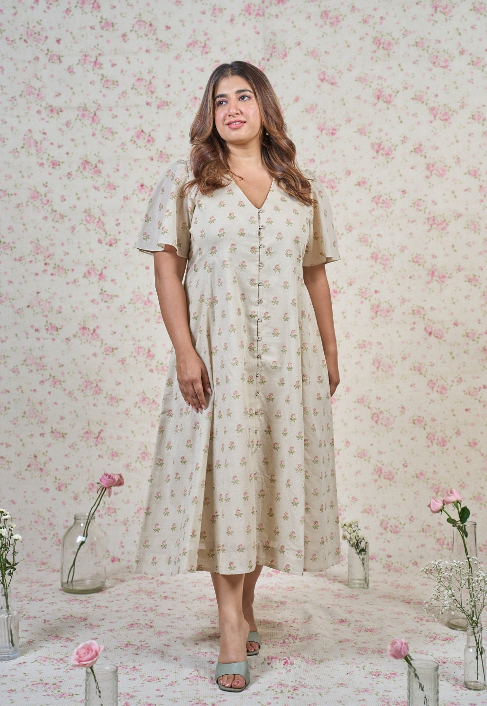 Leah Grey Butti Sanganeri Mul Cotton A Line Dress