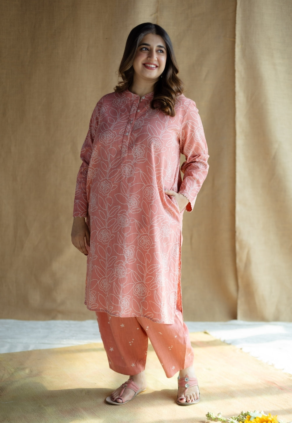 Azha Coral Hand Block Print Slub Cotton Straight Kurta with Hand Embroidery