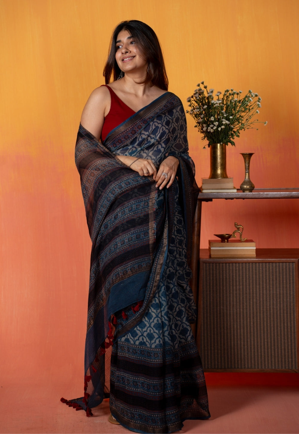 Black Floral Jaal Ajrakh Hand Block Print Kota Doria Cotton Saree