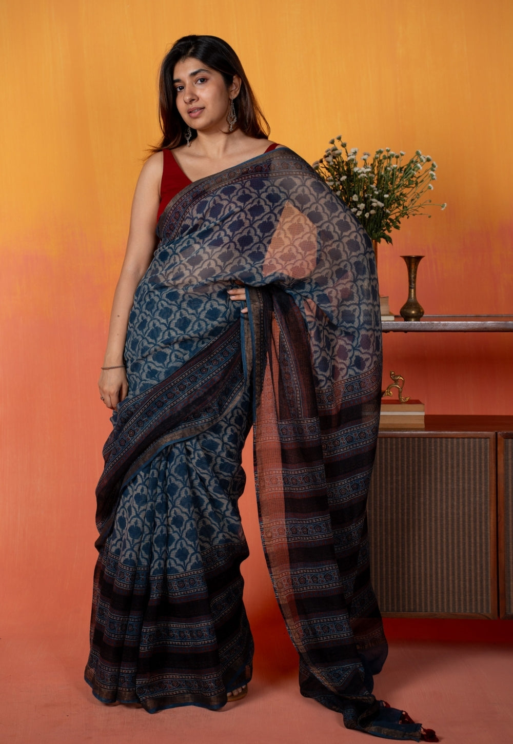 Black Floral Jaal Ajrakh Hand Block Print Kota Doria Cotton Saree