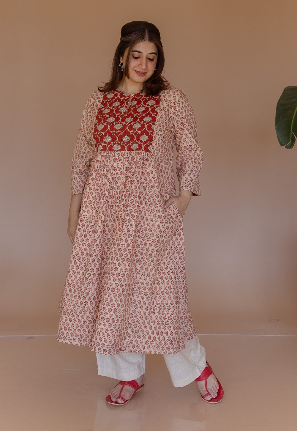 Shikha Red Bagru Cotton A Line Kurta