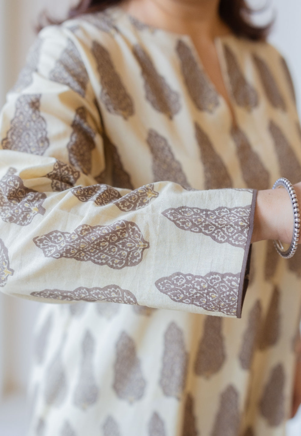 Priya Beige Ajrakh Cotton Asymmetrical Co-Ord Set