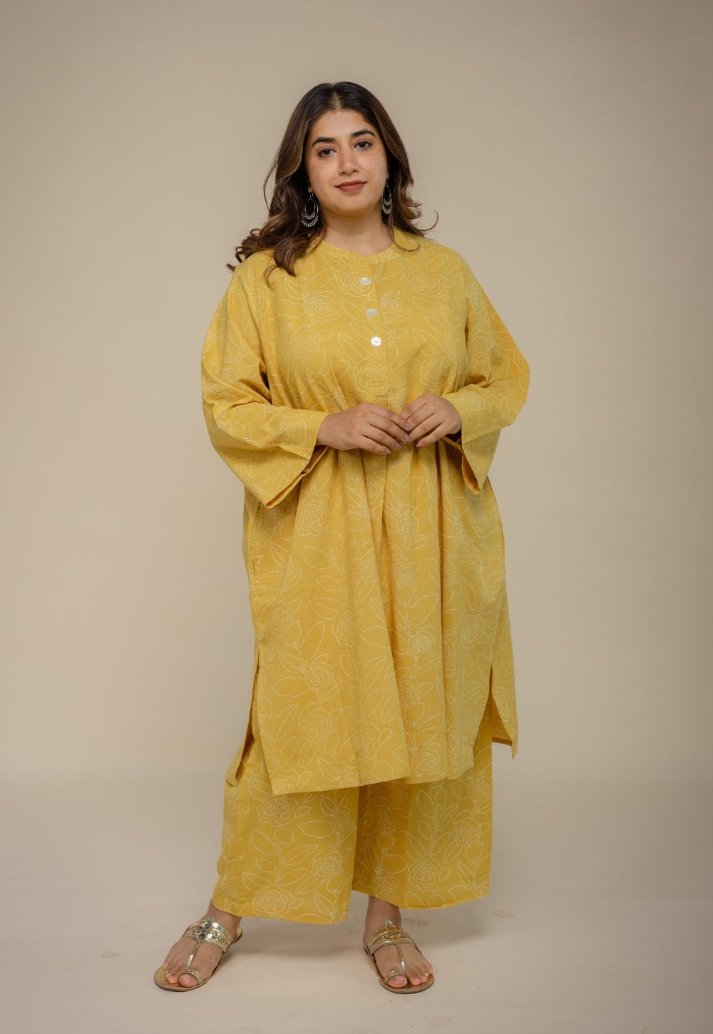 Ayaat Yellow Hand Block Print Slub Cotton Anti-Fit Co-Ord Set