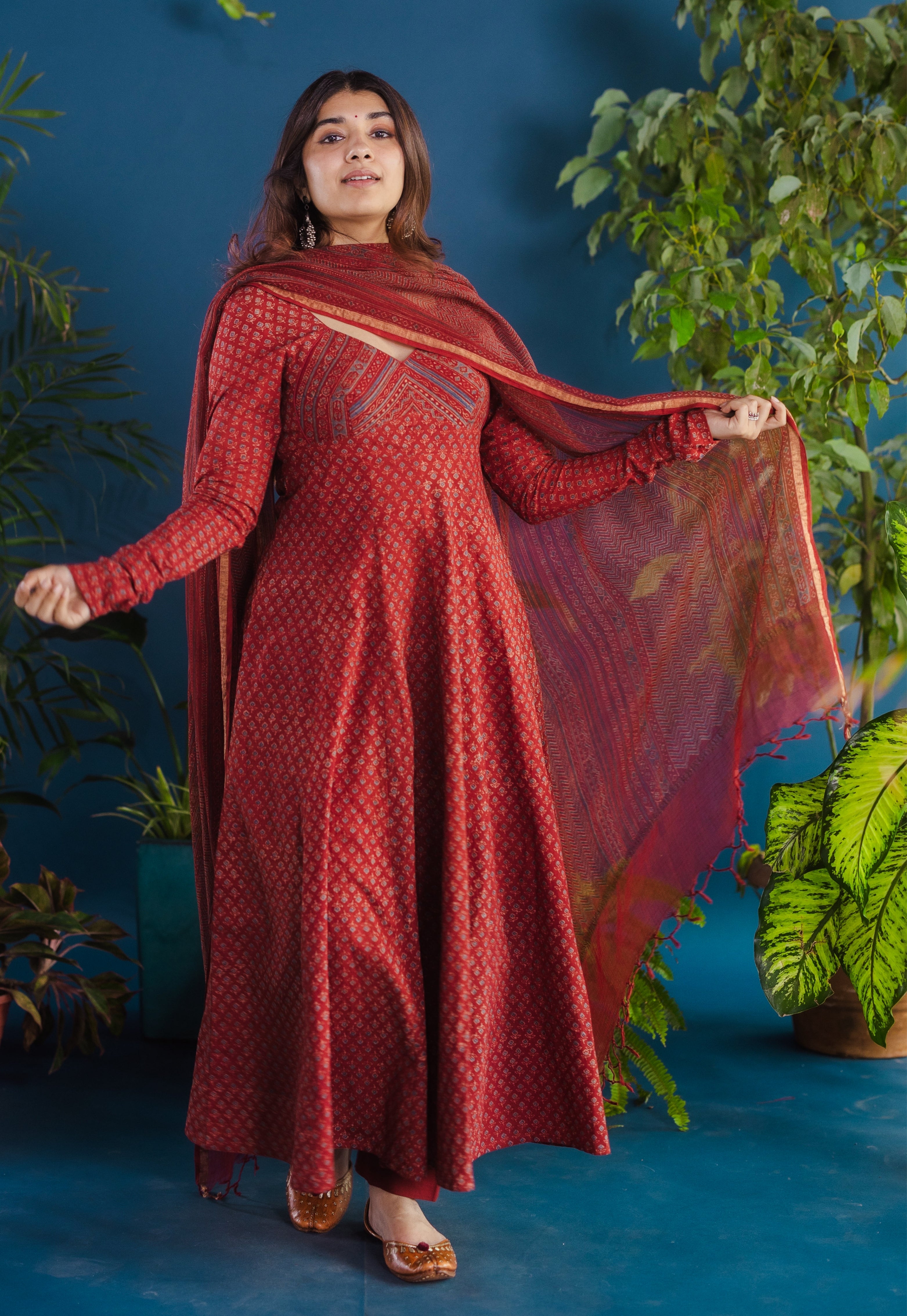 Red Chevron Ajrakh Kota Doria Cotton Dupatta