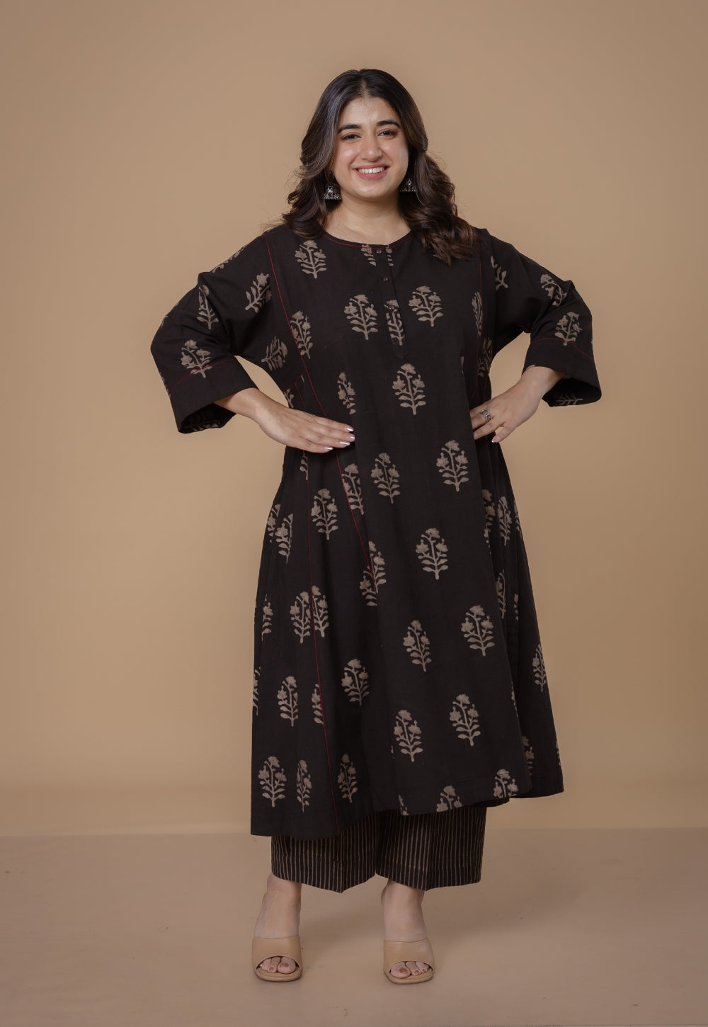 Disha Brown Dabu Slub Cotton Jhabbha Kali Kurta Set (Set of 2)