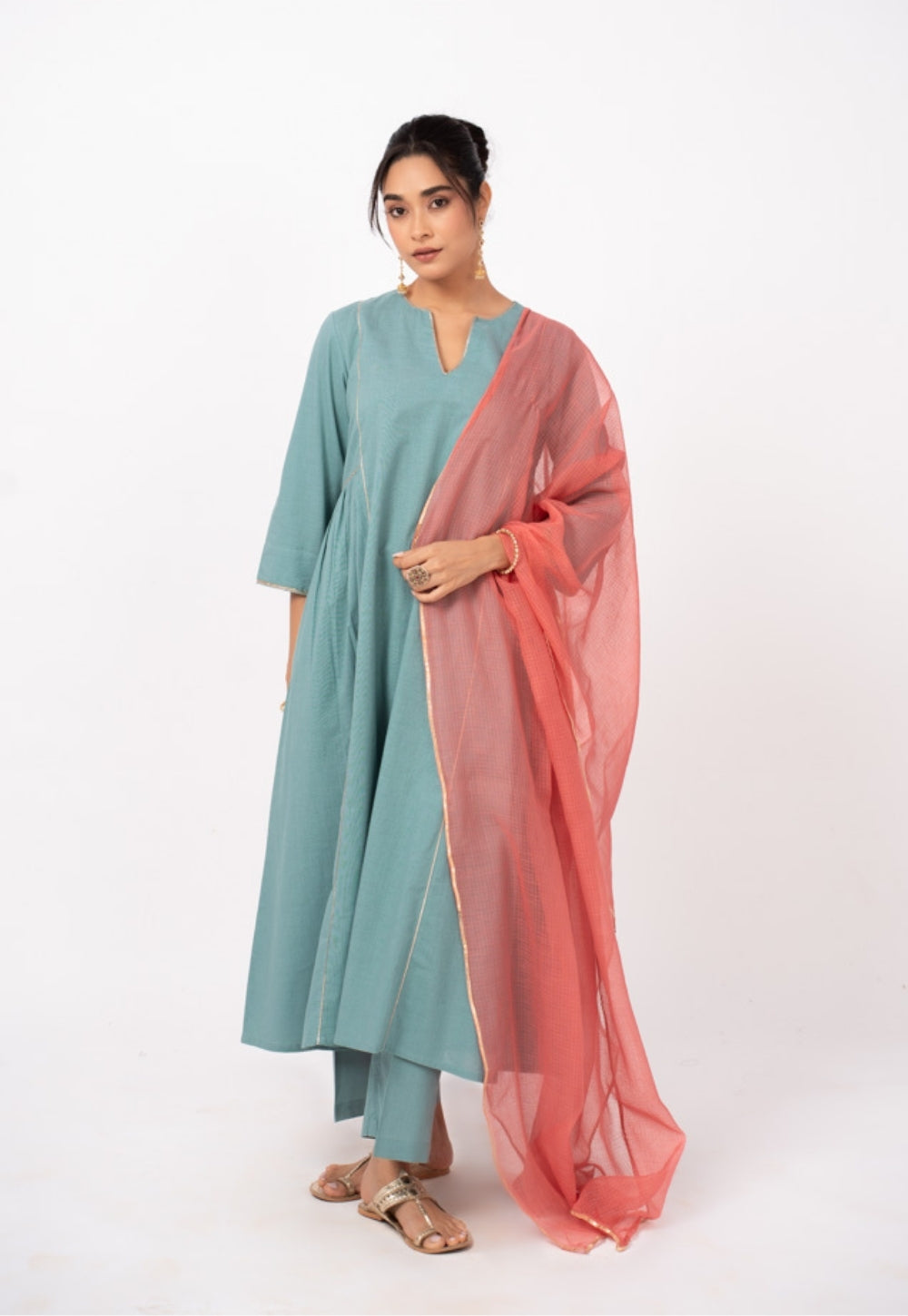 Tamanna Blue Solid Slub Cotton Kali Kurta Suit Set with Solid Dupatta (Set of 3)