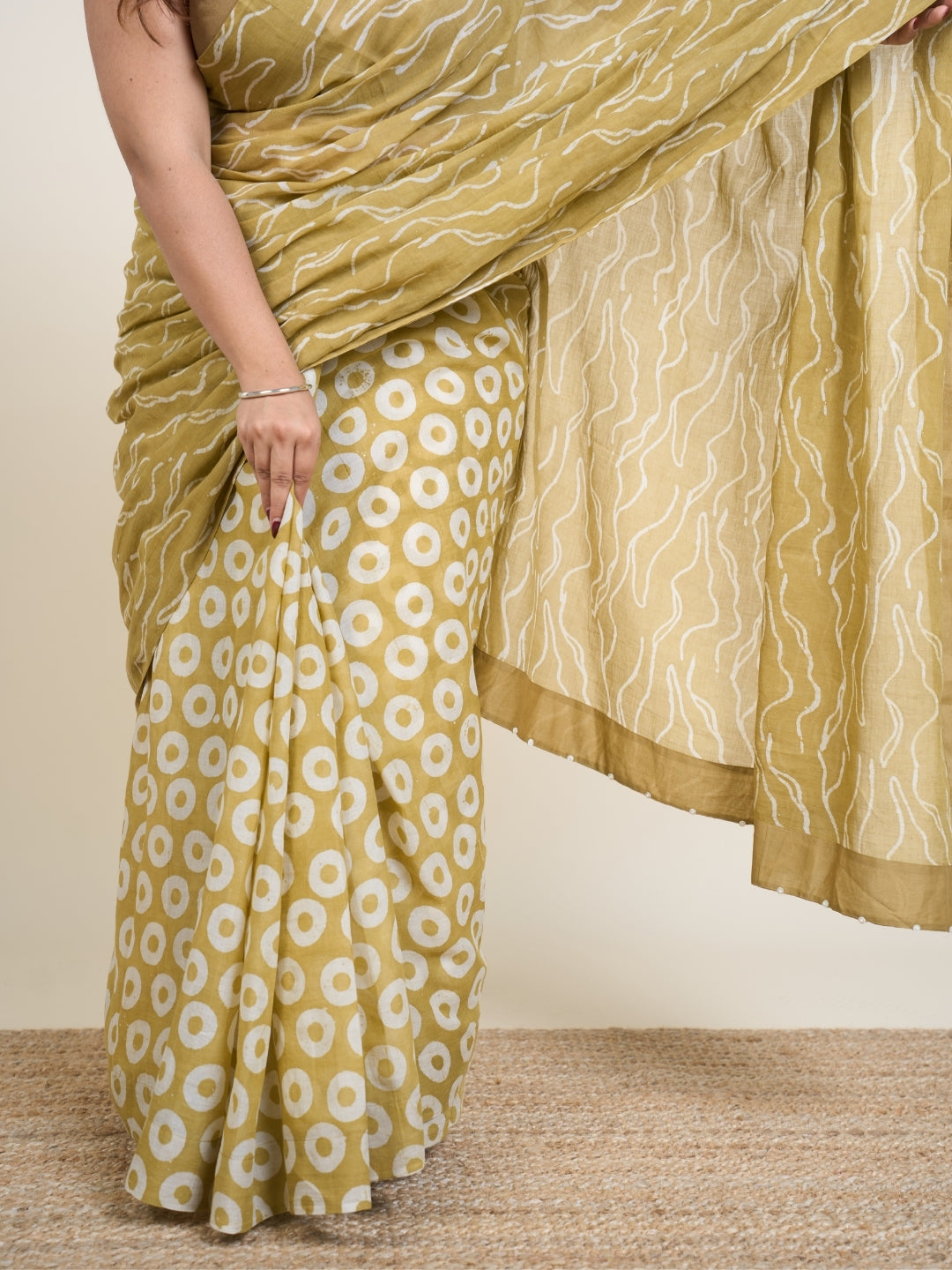 Tuba Green Batik Hand Block Print Mul Cotton Saree with Embroidery