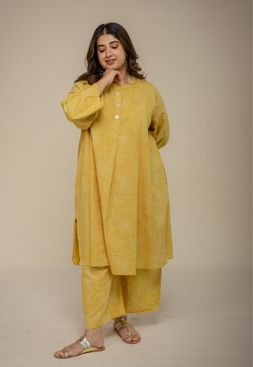 Ayaat Yellow Hand Block Print Slub Cotton Anti-Fit Co-Ord Set