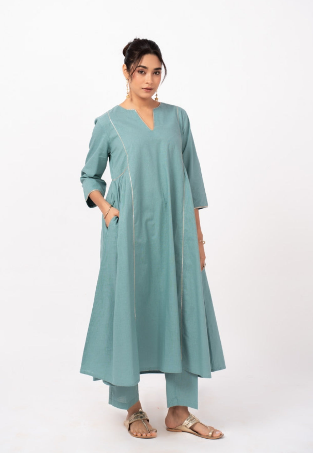 Tamanna Blue Solid Slub Cotton Kali Kurta Suit Set with Printed Dupatta (Set of 3)