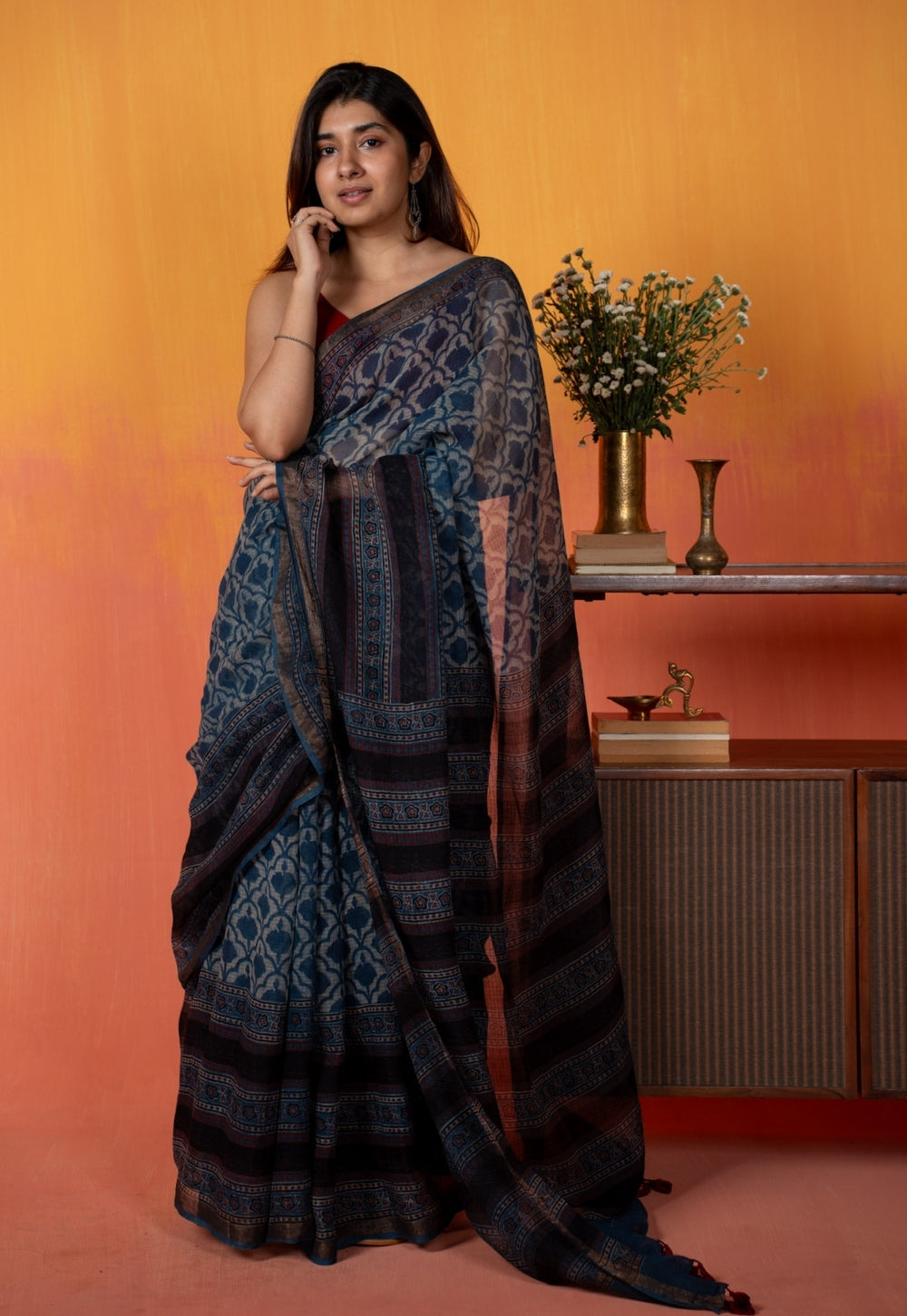 Black Floral Jaal Ajrakh Hand Block Print Kota Doria Cotton Saree