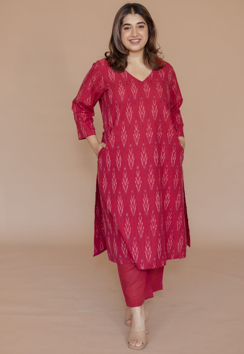 Aarushi Pink Handloom Ikkat Cotton Straight Kurta