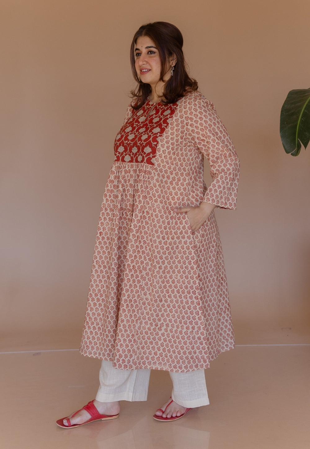 Shikha Red Bagru Cotton A Line Kurta