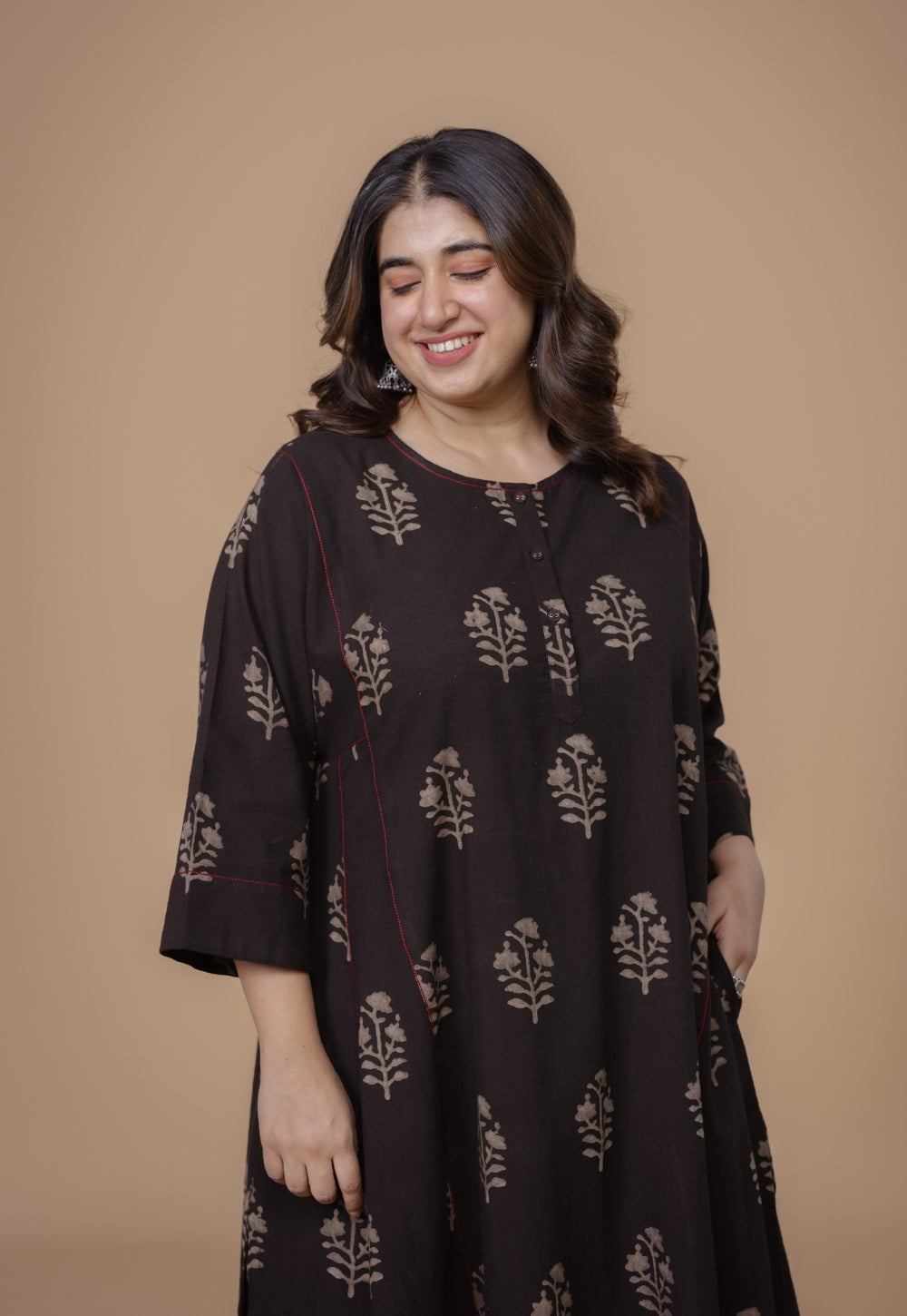 Disha Brown Dabu Slub Cotton Jhabbha Kali Kurta Set (Set of 2)
