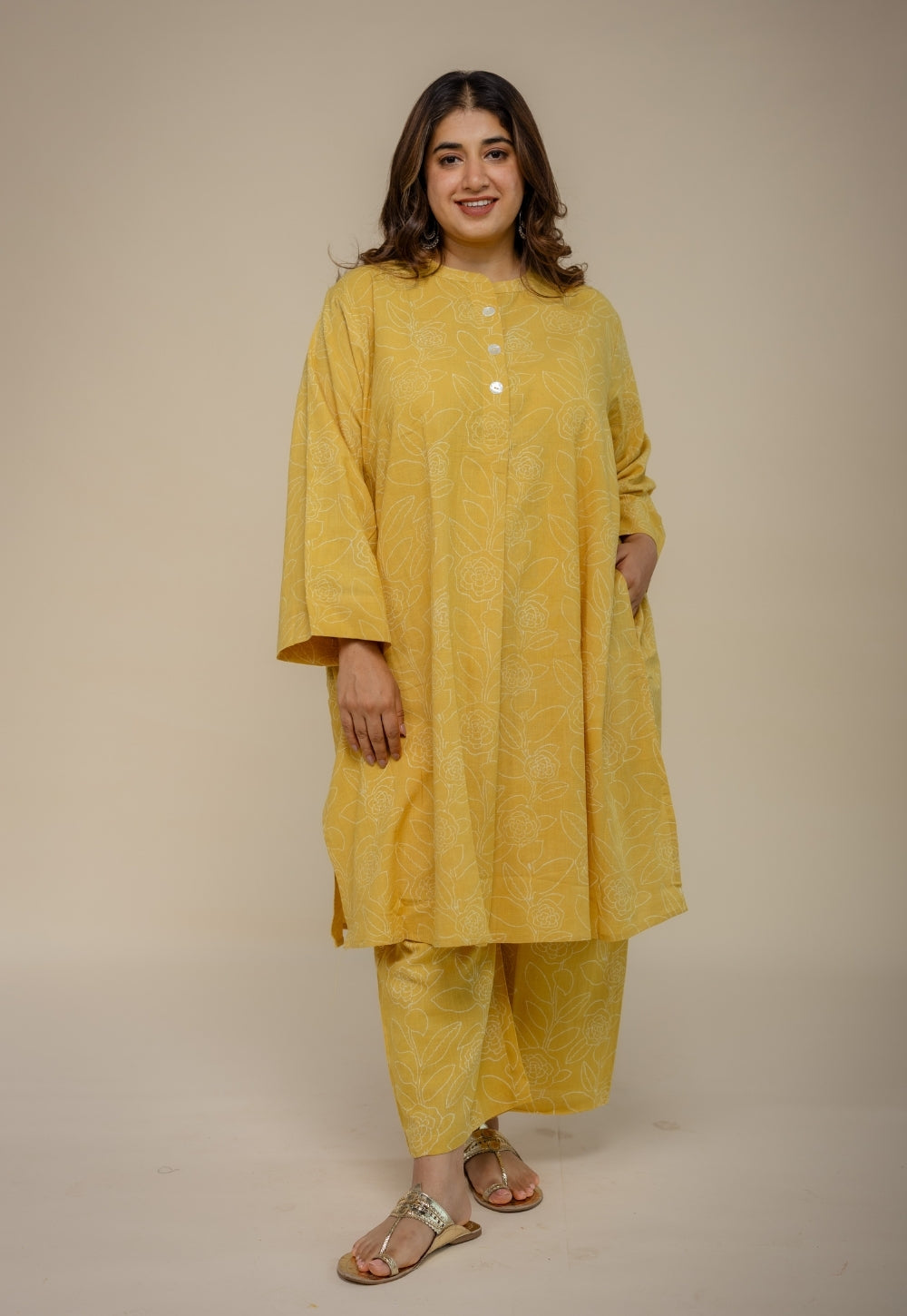 Ayaat Yellow Hand Block Print Slub Cotton Anti-Fit Co-Ord Set